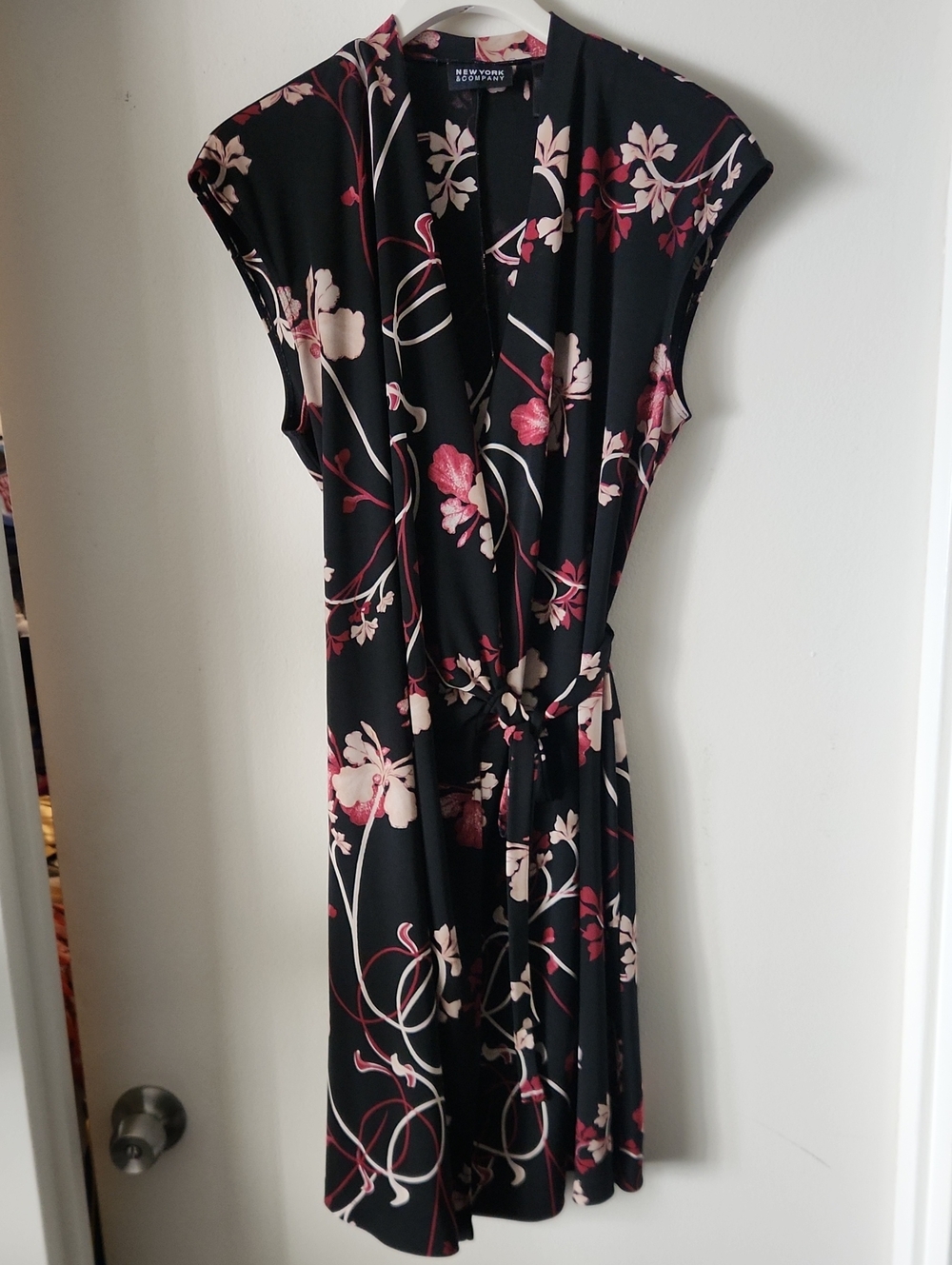 New York & Company Black Floral Midi Dress with Pink & Cream Accents